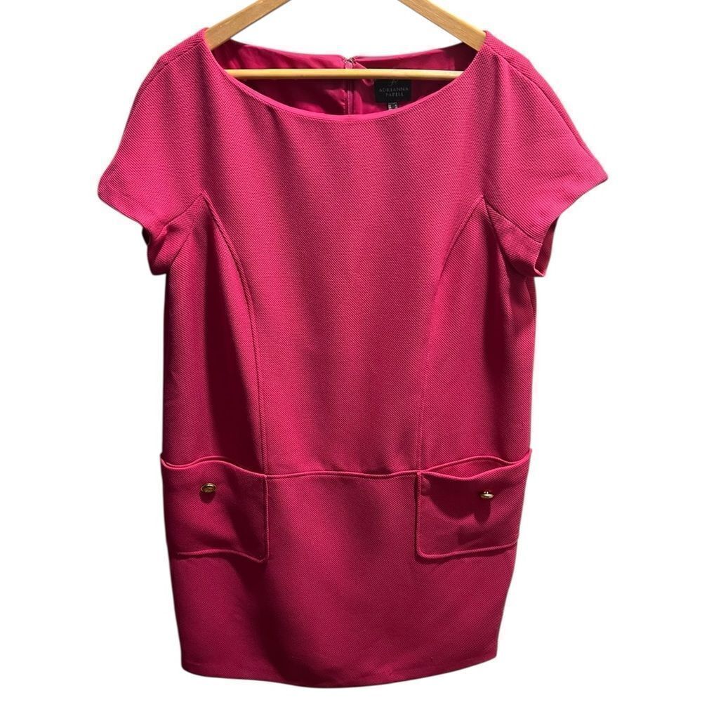 Adrianna Papell Hot Pink Textured Sheath Dress Size 14 Gold Button Pocket Detail
